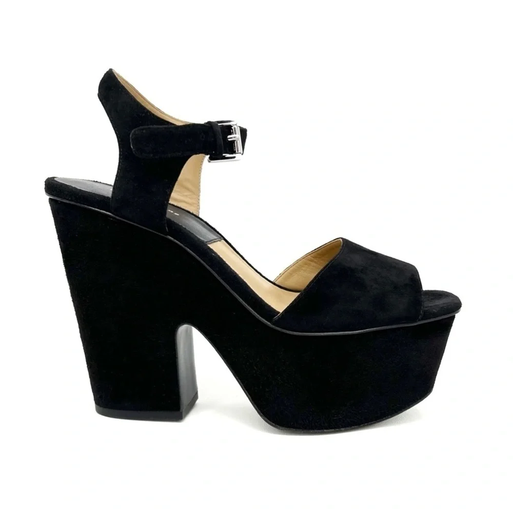 Michael Kors Collection Harley Platform Sandal Chunky Heels Black Suede Size 7.5